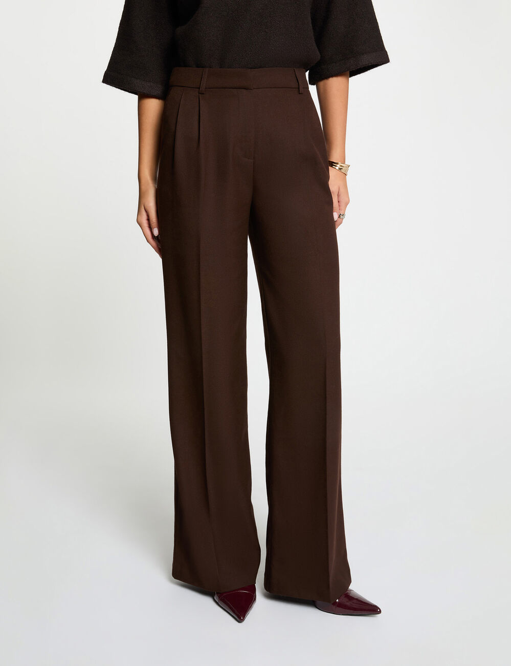 high waisted wide leg trousers dark brown women High-waisted wide-leg trousers dark brown women