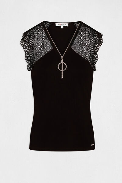 Short-sleeved t-shirt with lace black ladies'