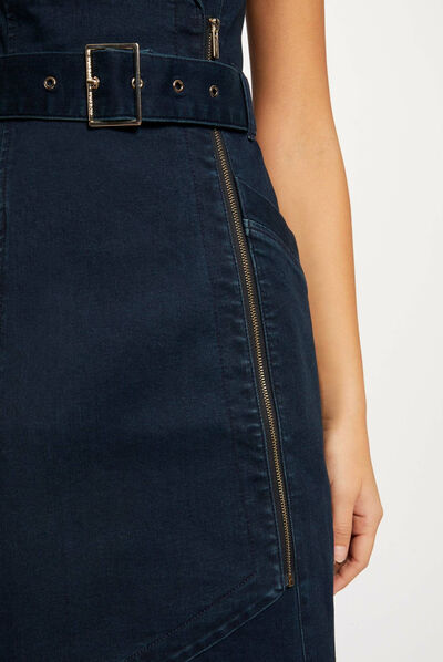 Sleeveless draped fitted denim dress raw denim ladies'