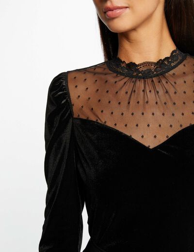Long-sleeved velvet t-shirt dobby spot black ladies'