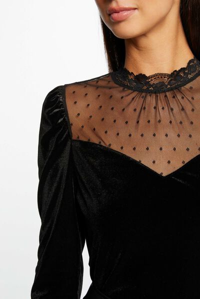 Long-sleeved velvet t-shirt dobby spot black ladies'