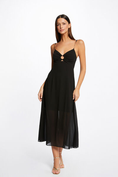 Midi A-line dress straps with chains black ladies'