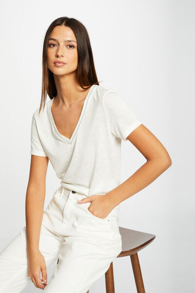 Short-sleeved t-shirt with V-neck ecru ladies'