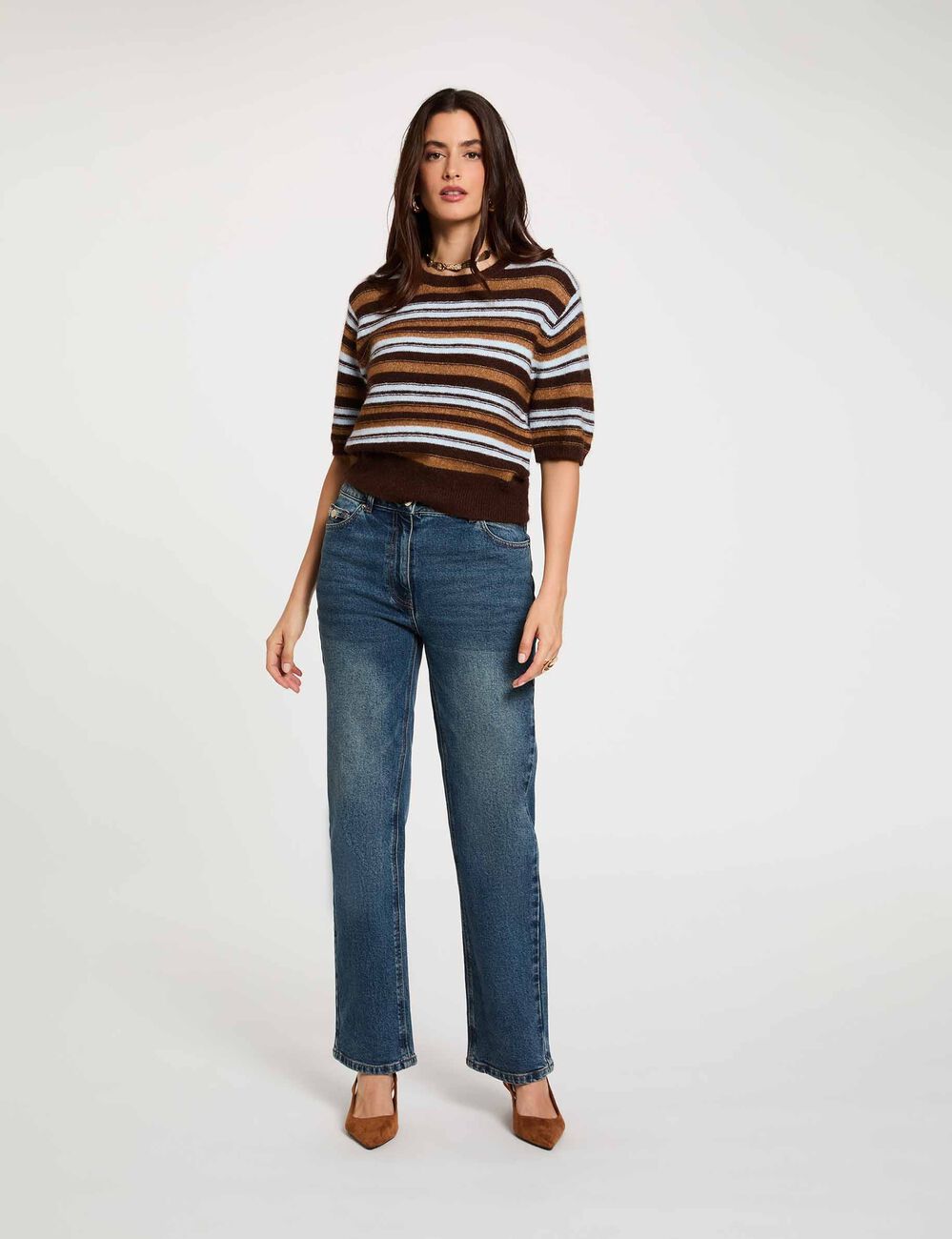 Striped short-sleeve sweater brown women
