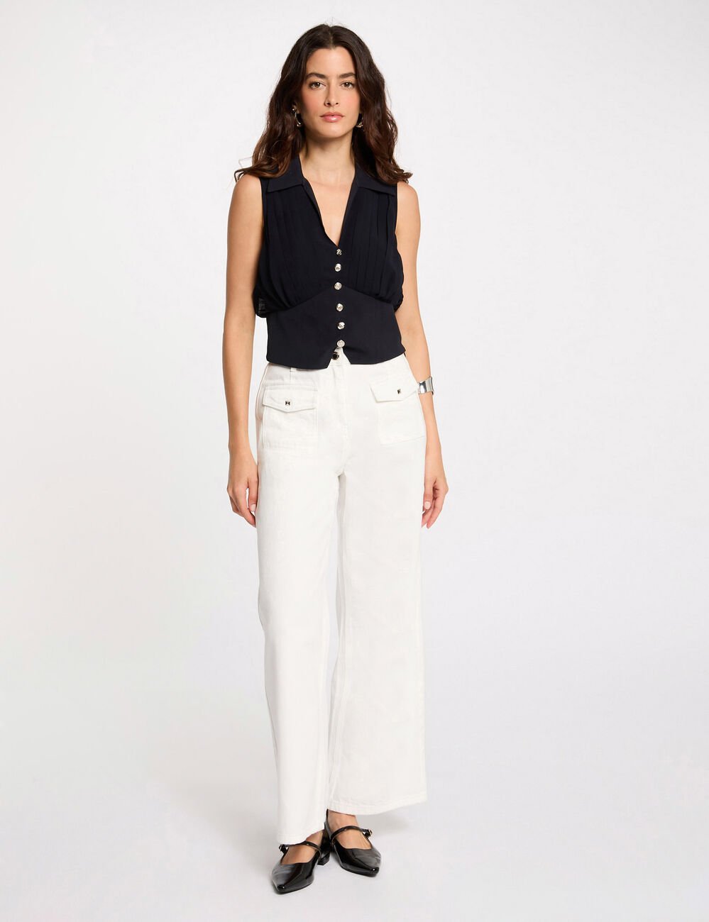 Sleeveless pleated top navy blue women