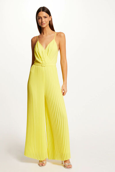 Wide leg pleated jumpsuit with open back yellow ladies'