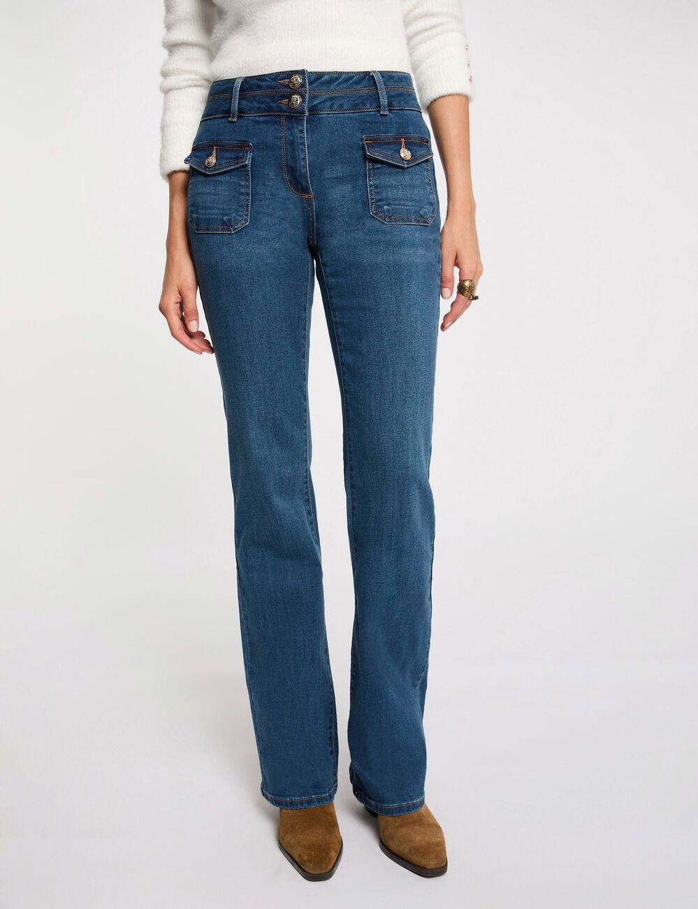 Bootcut jeans pockets buttons stone wash denim women