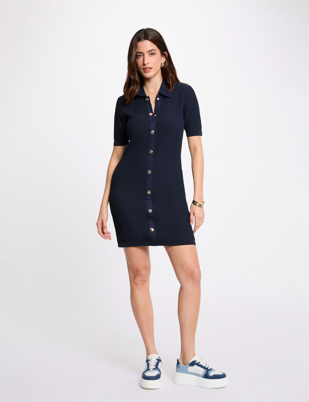 Fitted short knit dress navy blue women