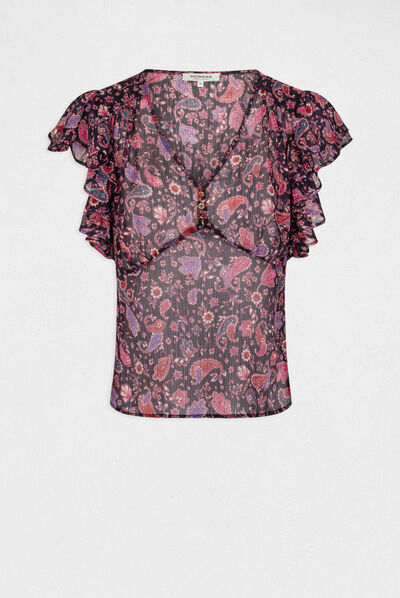 Short-sleeved blouse paisley print navy ladies'