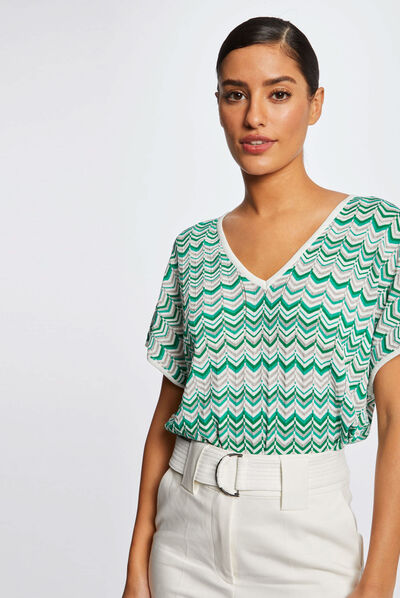 Short-sleeved jumper chevron print green ladies'