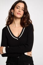 Pull manches longues col en V noir femme