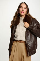 Short jacket with fur collar dark brown women