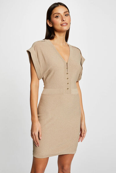 Fitted jumper dress with short sleeves taupe ladies'