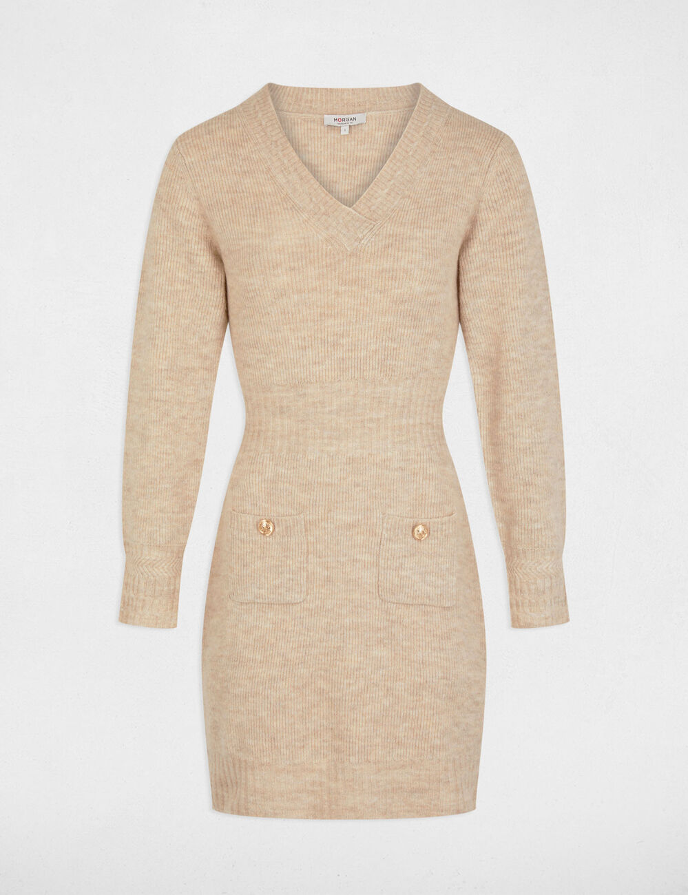 Fitted mini knitted dress beige women