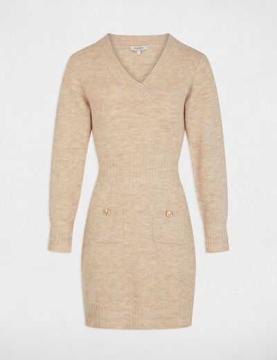 Fitted mini knitted dress beige women