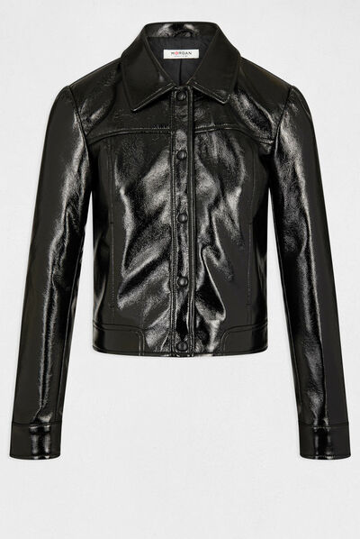 Faux leather straight buttoned jacket black ladies'