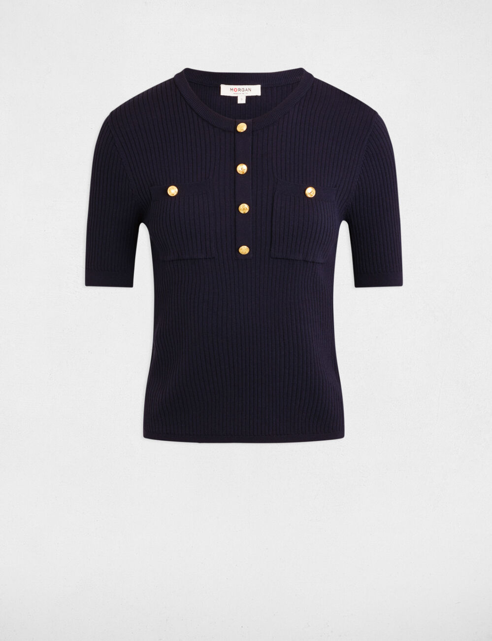 Pull manches courtes col rond bleu marine femme