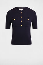 Pull manches courtes col rond bleu marine femme