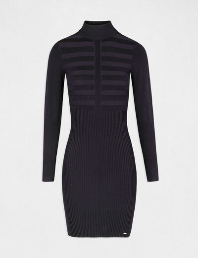 Knitted fitted dress with turtleneck navy blue women