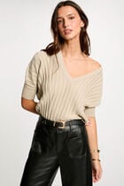 Pull manches 3/4 col en V sable femme