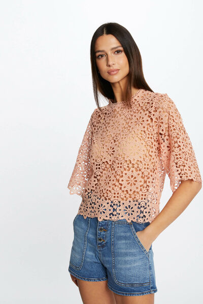 Short-sleeved blouse with lace medium pink ladies'