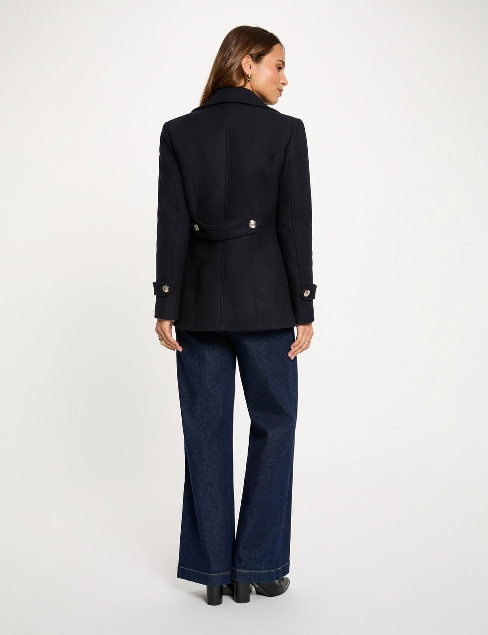 Straight coat with tailored collar navy blue women