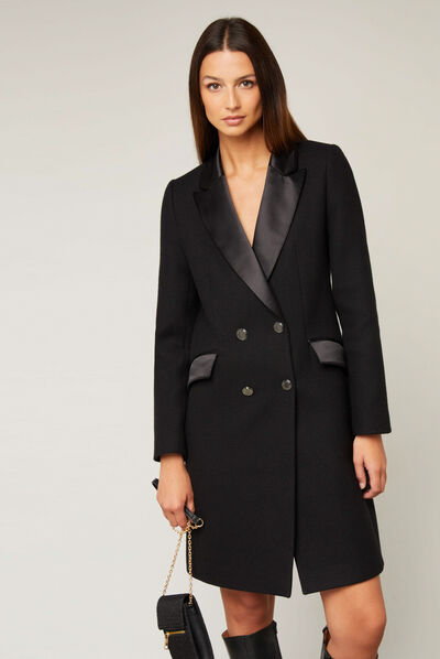 Long coat satin details black ladies'