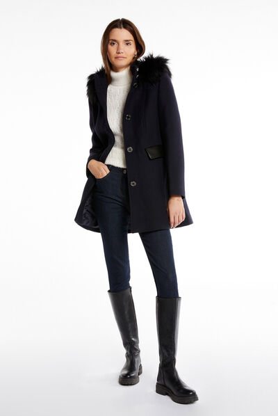 Long coat faux leather details navy ladies'