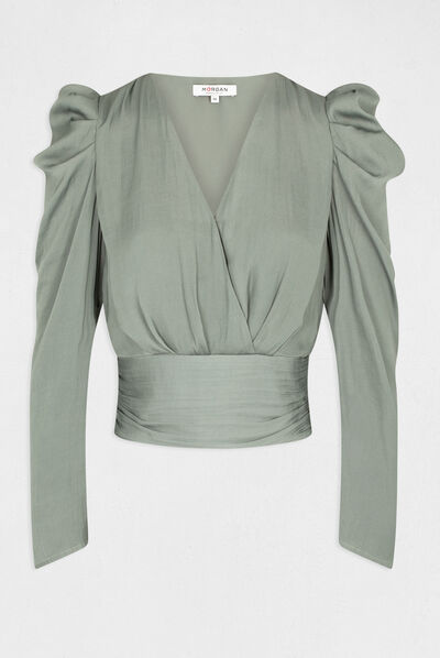 Long-sleeved blouse wrap-over neckline mid-green ladies'