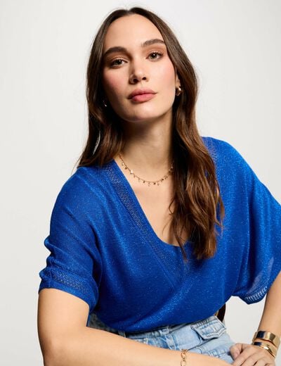 Jumper V-neck short sleeves electric blue women