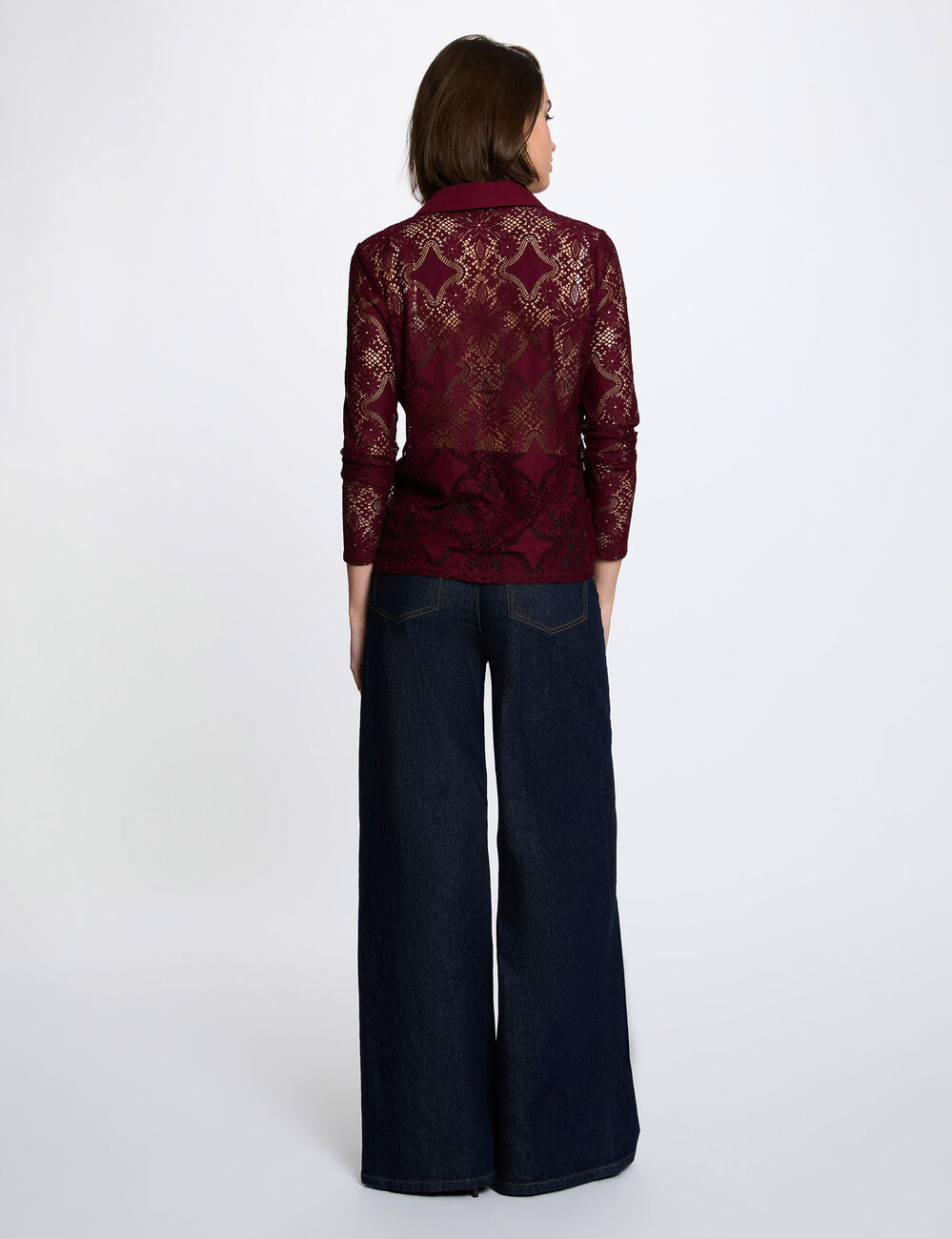 Lace shirt with a notched collar bordeaux women