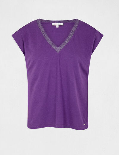 Short-sleeved t-shirt with V-neck dark purple ladies'