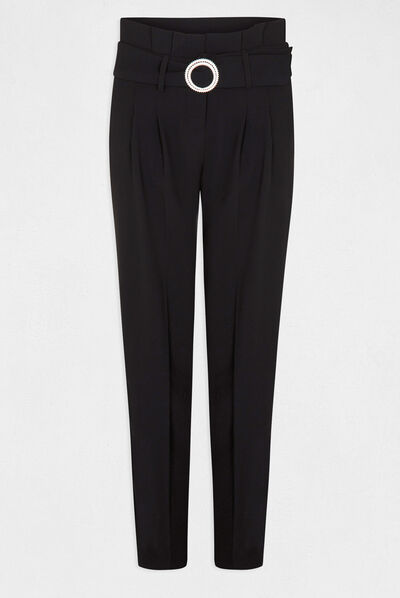 High-waisted straight belted trousers black ladies'