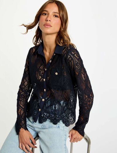 Cropped lace shirt navy blue women