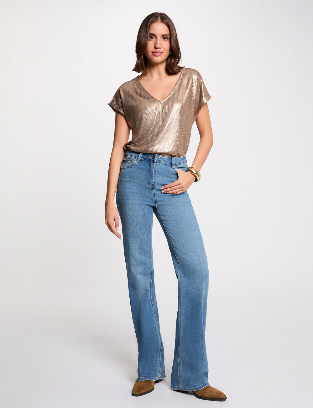 Ribbed v-neck t-shirt bronze color women