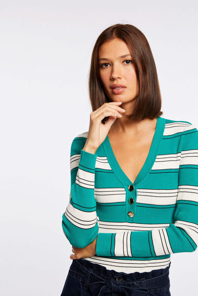 Long-sleeved jumper with stripes mid-green ladies'