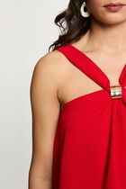 Pleated high neck top red women