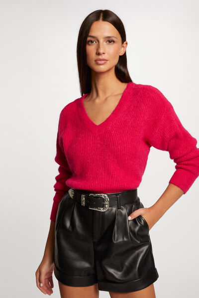 Long-sleeved jumper with V-neck medium pink ladies'