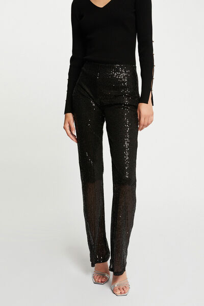 Wide leg trousers with sequins black ladies'