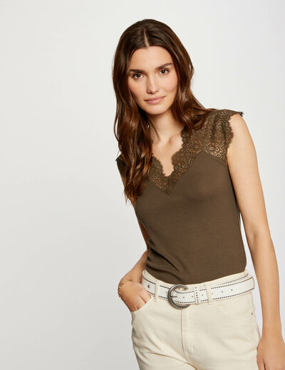 Vest top with wide straps and lace khaki green ladies'