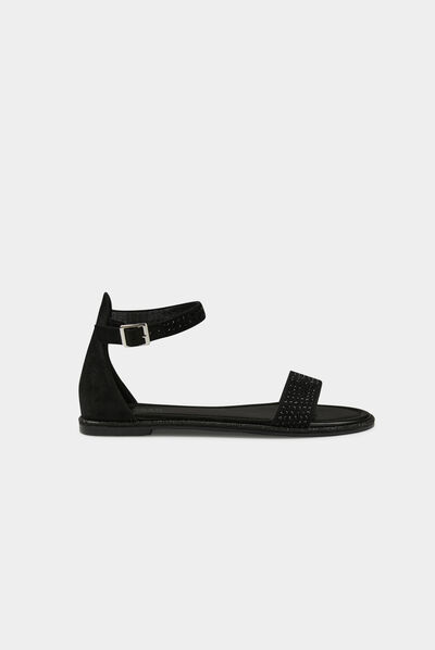 Flat sandals with rhinestones details black ladies'