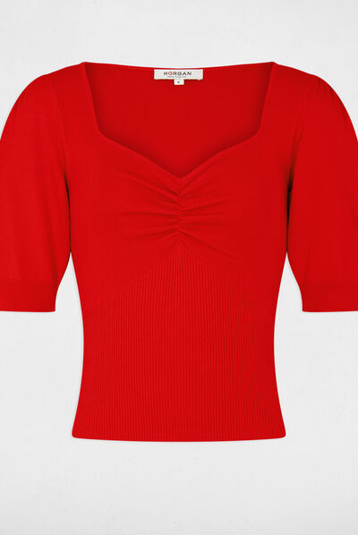 Short-sleeved jumper sweetheart neckline red ladies'