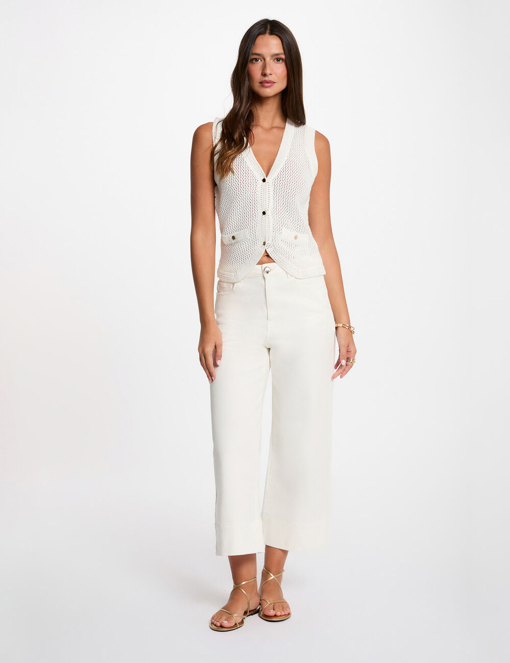 Sleeveless openwork cardigan white women