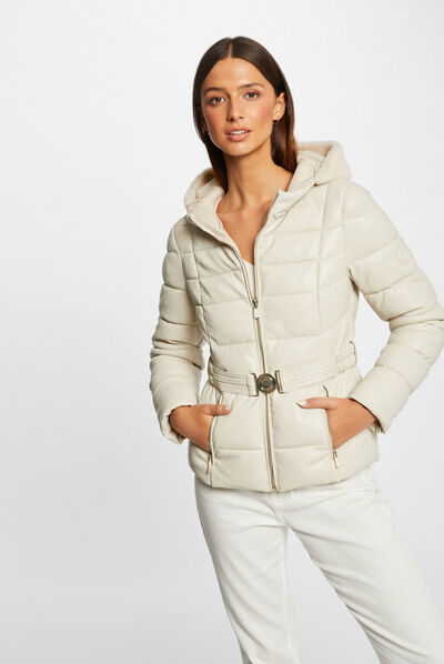 Waisted faux leather padded jacket ivory ladies'