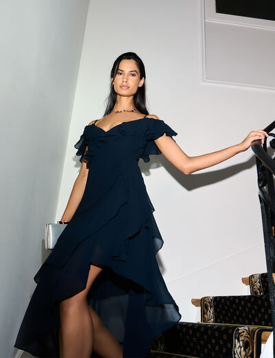 Straight midi dress ruffles navy blue women