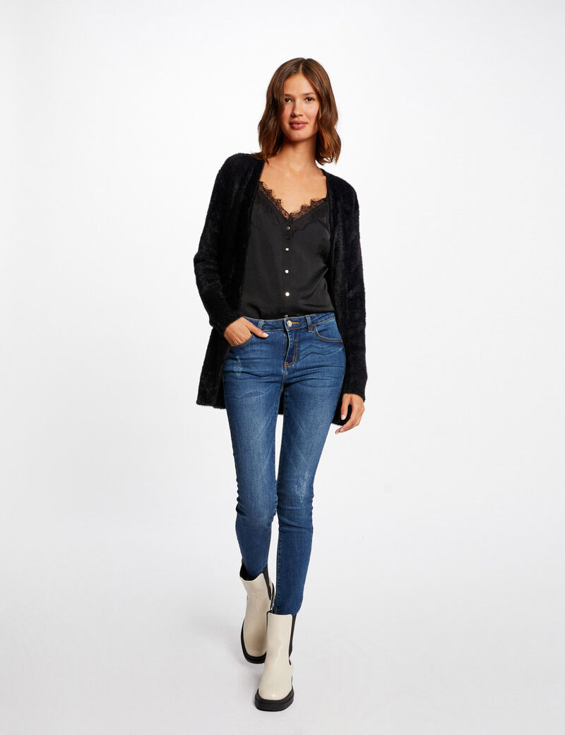 long cardigan with fluffy knit black women Long cardigan with fluffy knit black women