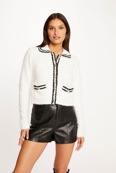 Buttoned cardigan contrasting strips ecru ladies'