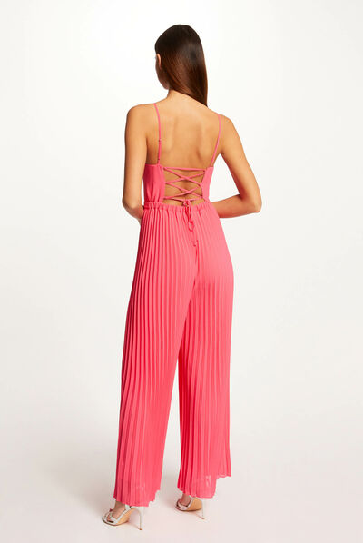 Wide leg pleated jumpsuit with open back pink ladies'