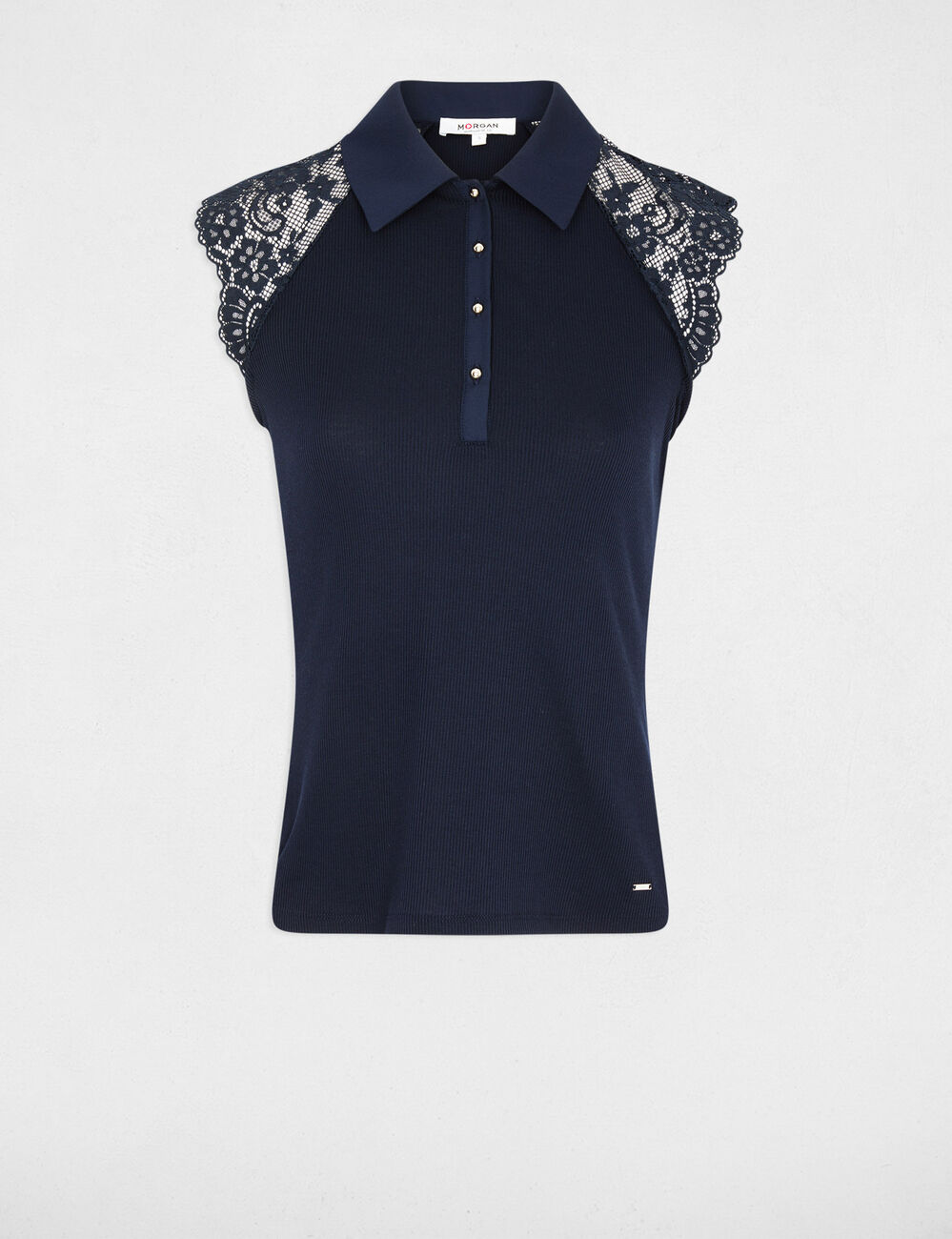 Lace t-shirt with turn-down collar navy blue women