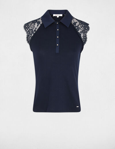 Lace t-shirt with turn-down collar navy blue women